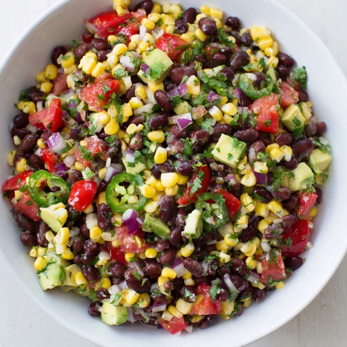 Eine Nahaufnahme des Southwestern Black Bean and Corn Salad, garniert mit frischen Kräutern und cremigen Avocado-Stücken.