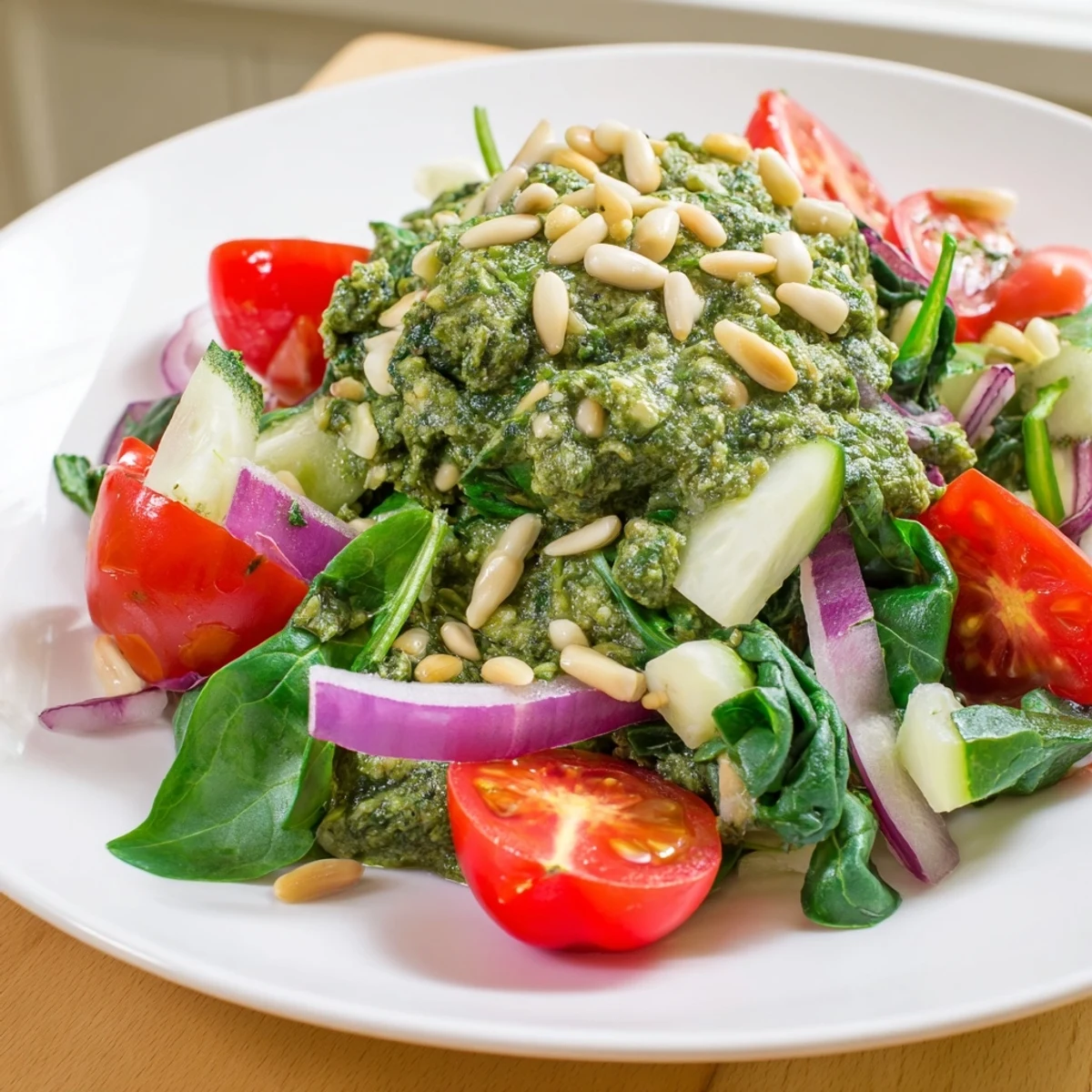Vibrantly colored pesto chickpea and spinach salad, a delightful mix of fresh ingredients, ready to eat.