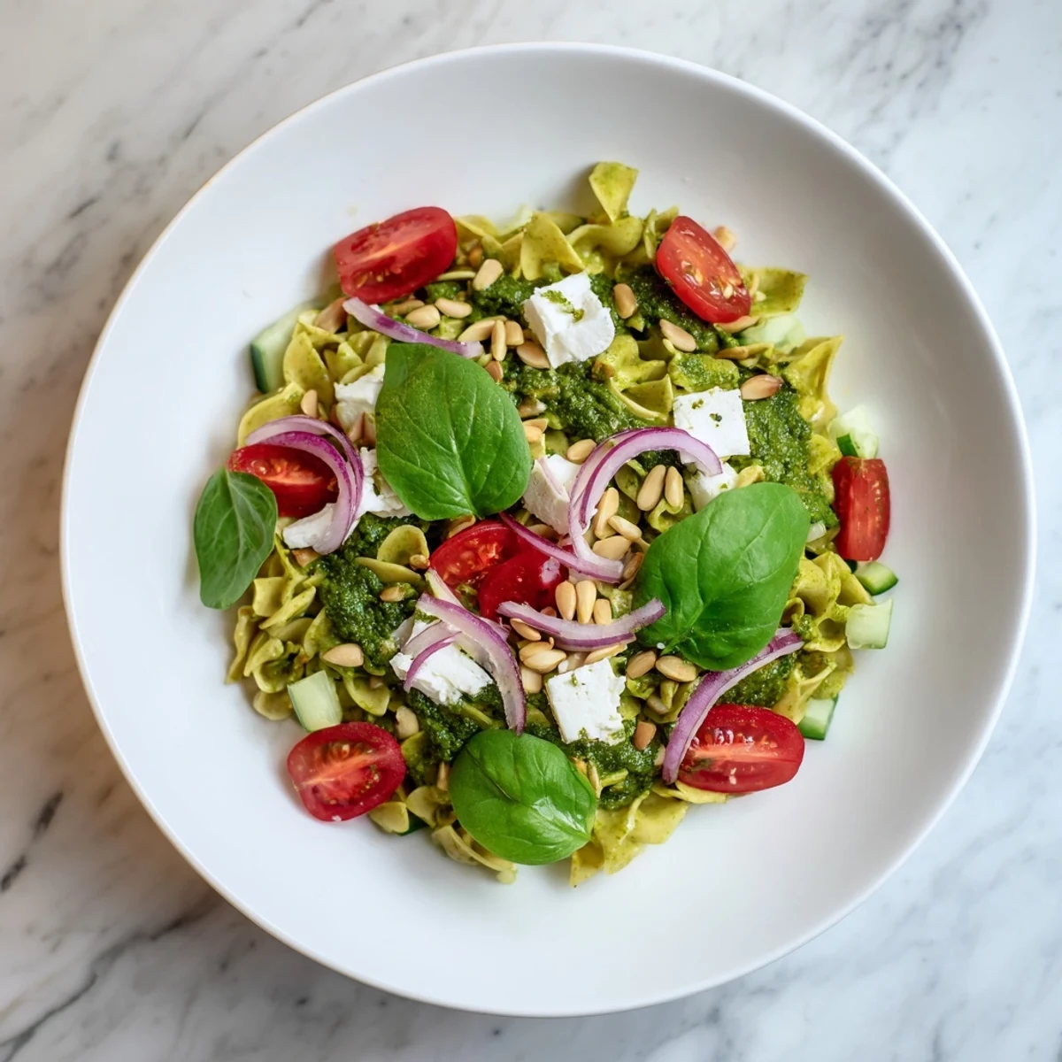 This pesto chickpea and spinach salad showcases bright red tomatoes and creamy chickpeas tossed in pesto.