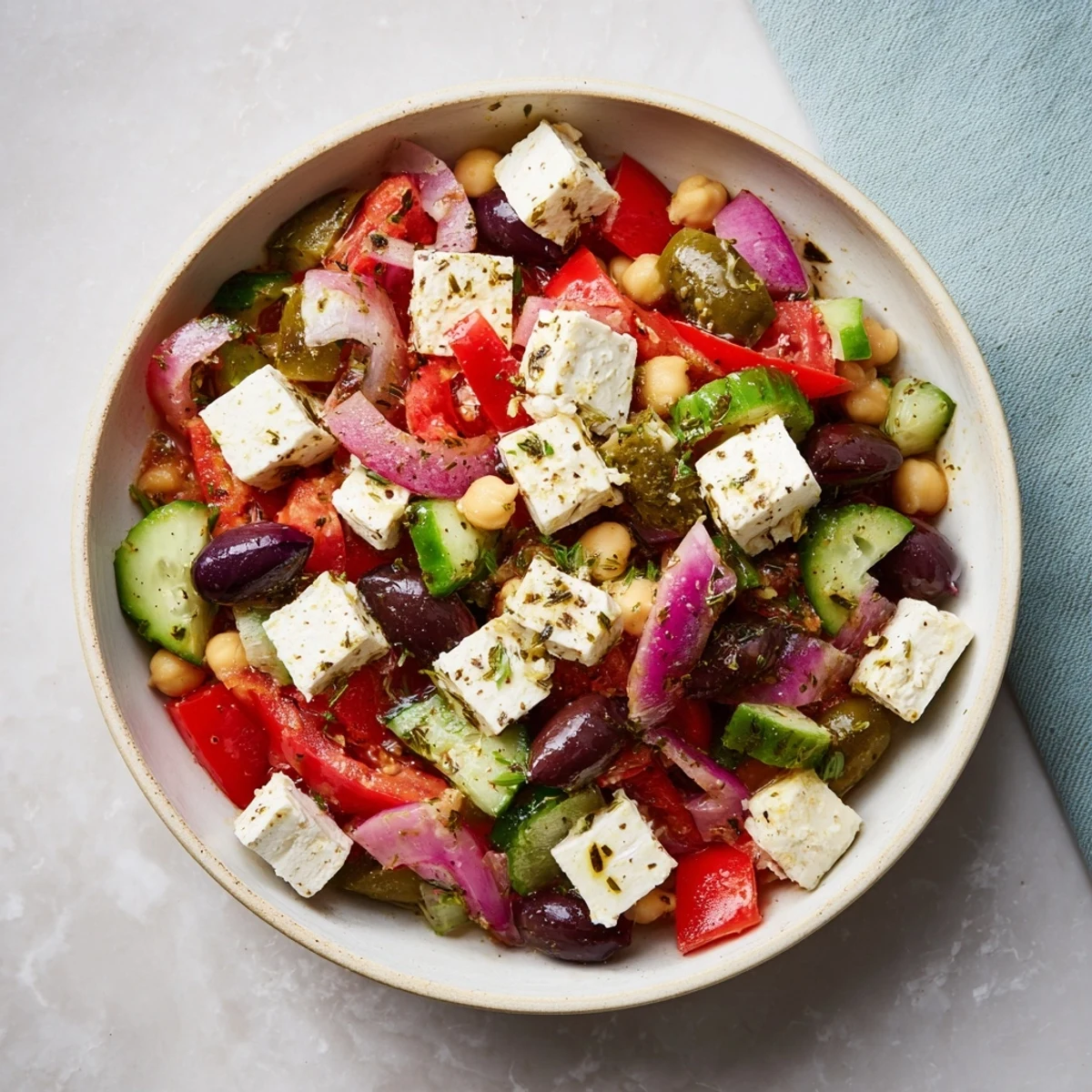 Mediterranean Chickpea and Feta Bowl, a colorful, fresh salad with crumbled vegan feta and Kalamata olives.