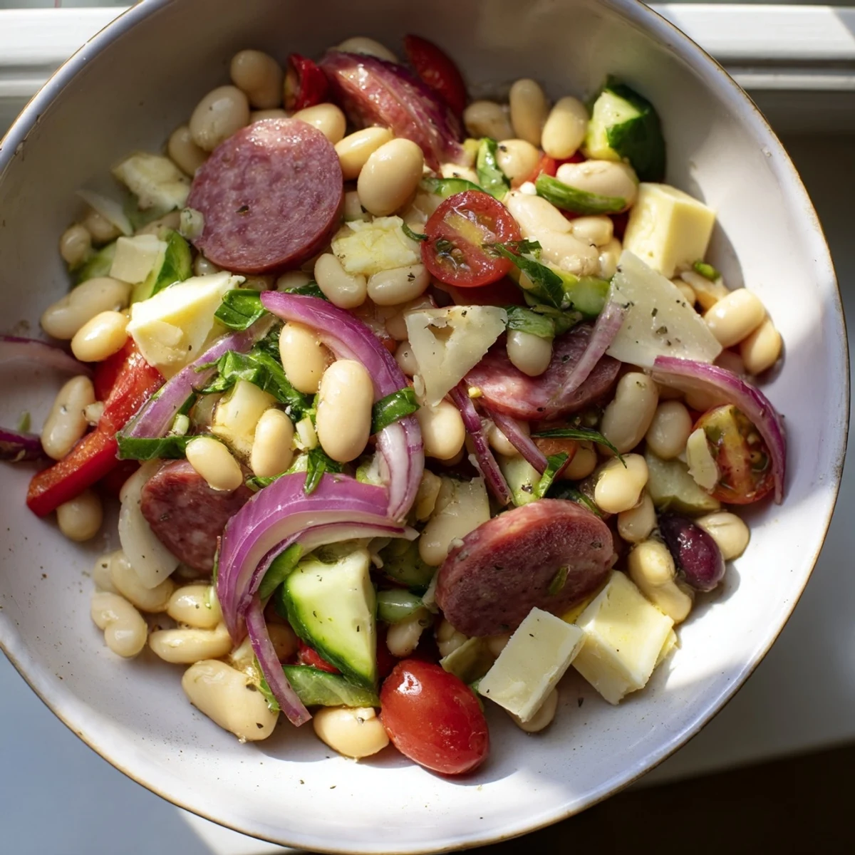 A close-up of a delicious Italian Antipasto Bean Salad; featuring salami, beans, and fresh ingredients.