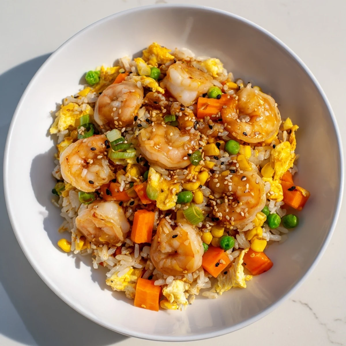 Golden, steaming shrimp fried rice, a quick and delicious weeknight meal.
