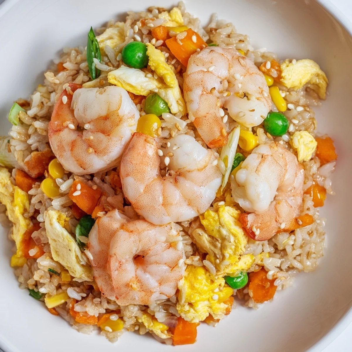 Savory shrimp fried rice hack, glistening with sesame oil and scattered with green onions.