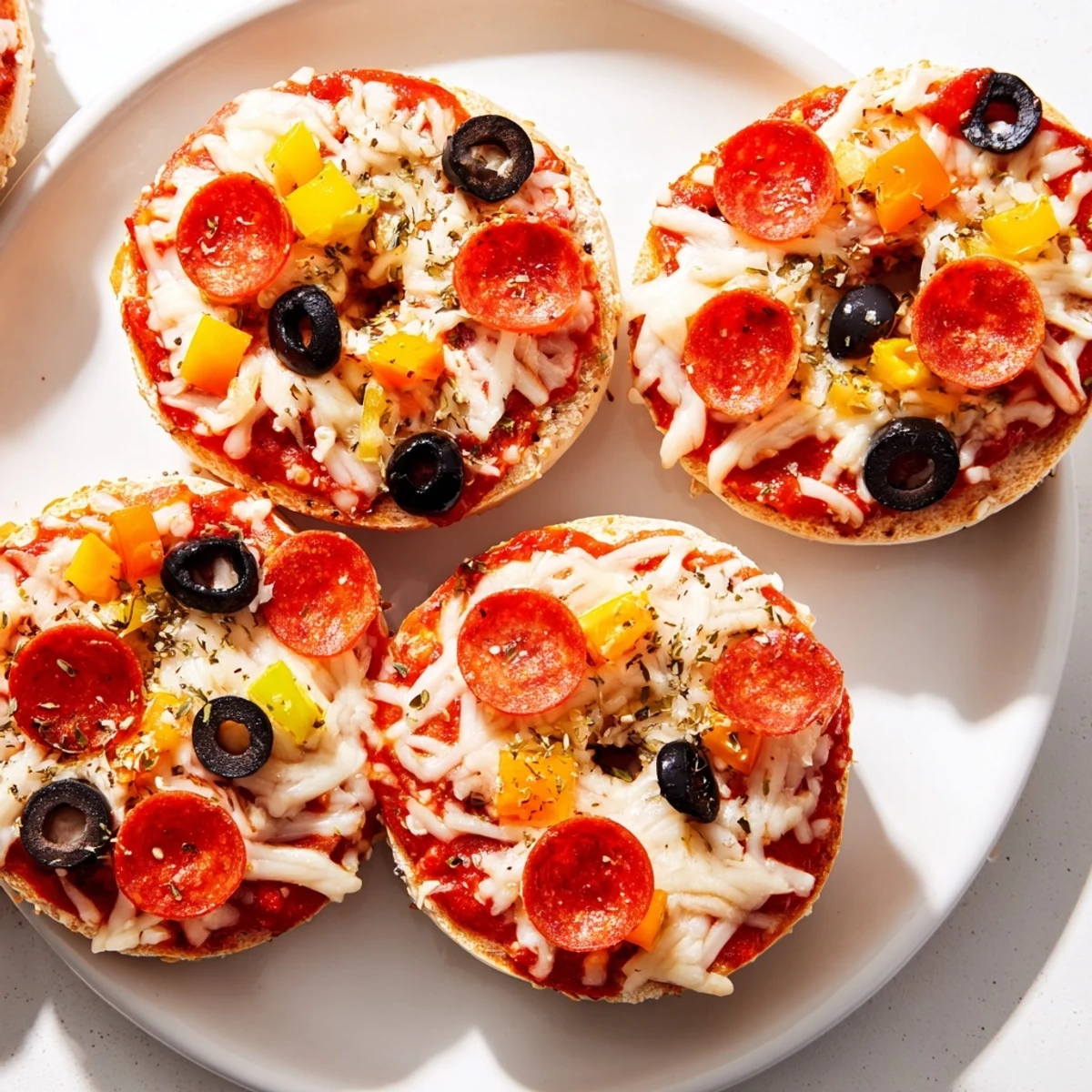 Golden, bubbly mini bagel pizzas fresh from the air fryer, perfect for a quick snack.
