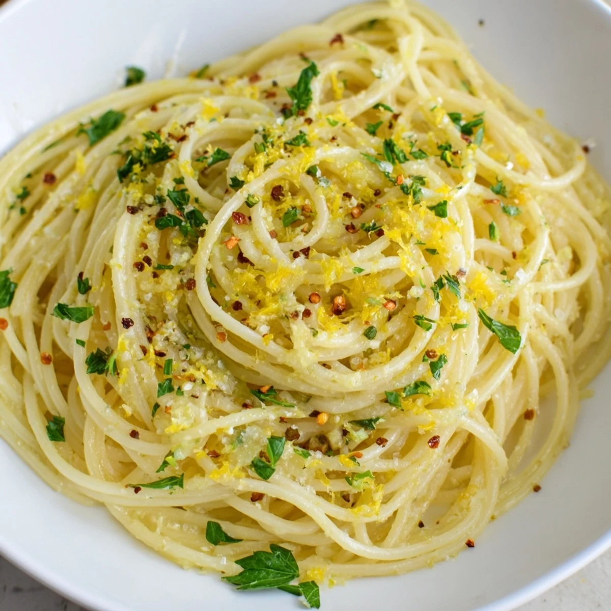 Golden Garlic Butter Noodles with fresh parsley, ready to be twirled on a fork.