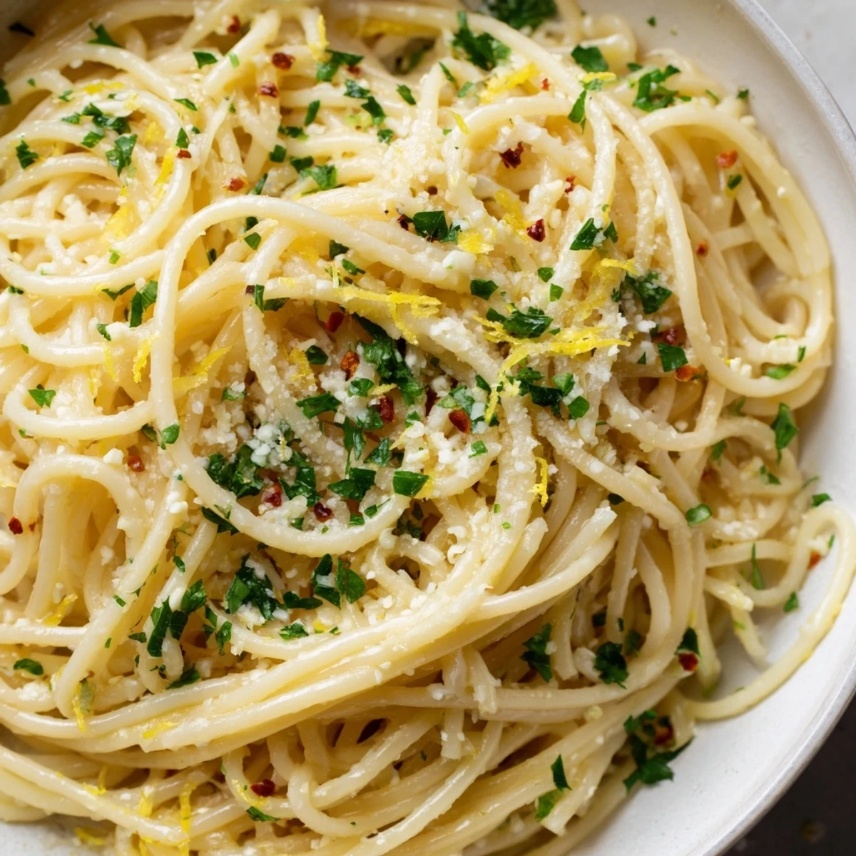 Steaming Garlic Butter Noodles topped with Parmesan cheese and a hint of lemon zest.