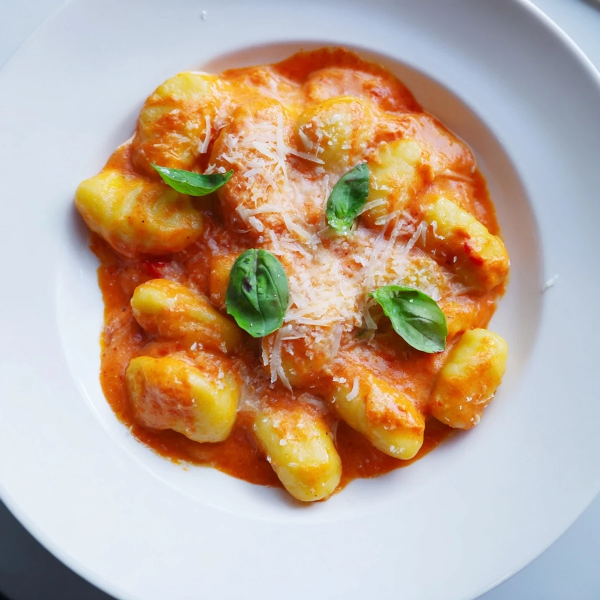 Creamy tomato gnocchi bubbling in a skillet, ready to be served with fresh basil and Parmesan.