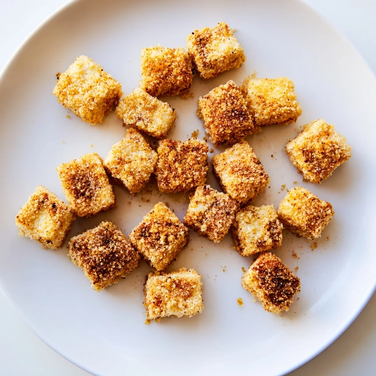 Golden, crispy Popcorn Tofu Bites on a serving plate, perfect plant-based snack or appetizer.