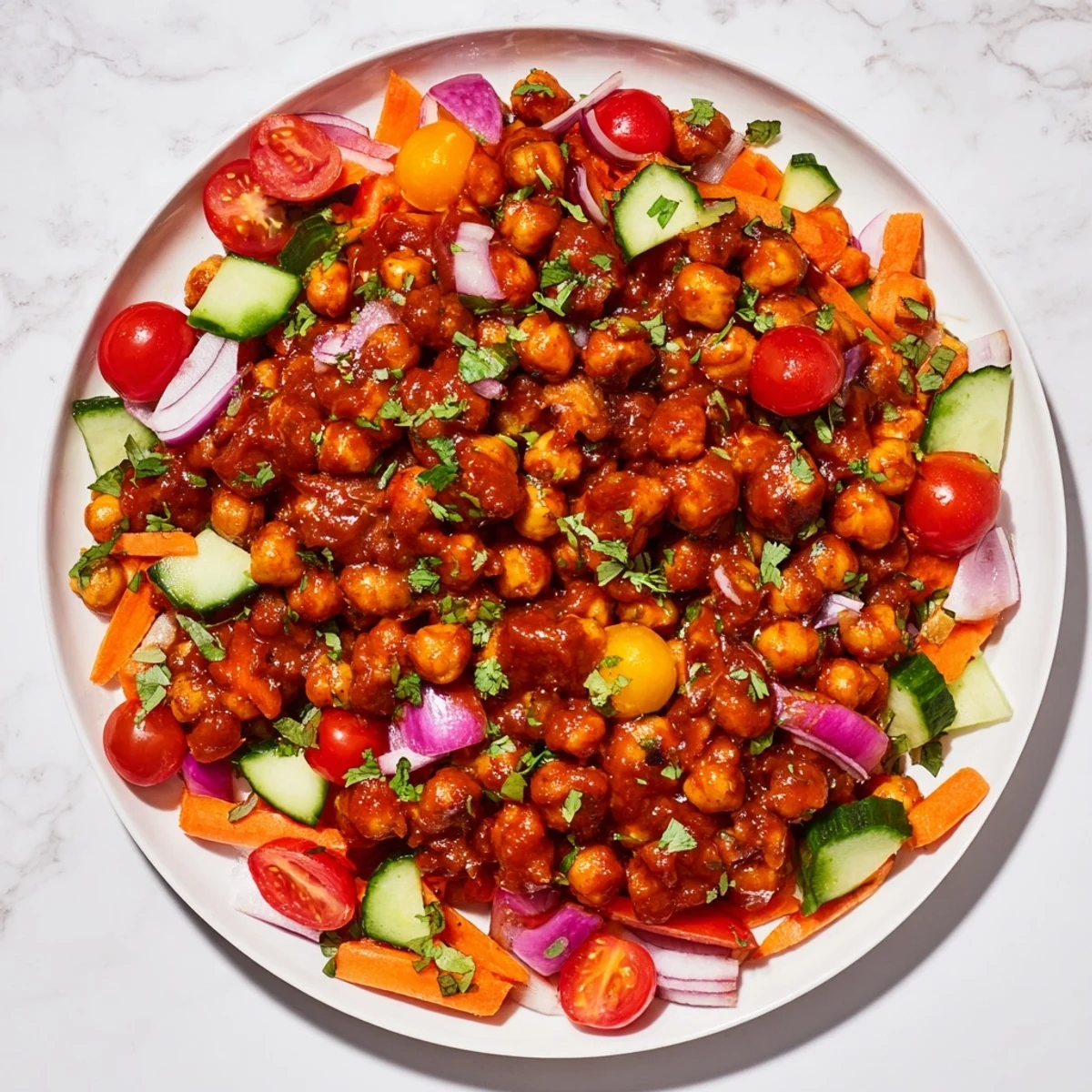 Vivid bowl of BBQ Chickpea Salad: colorful veggies and smoky chickpeas ready to eat.