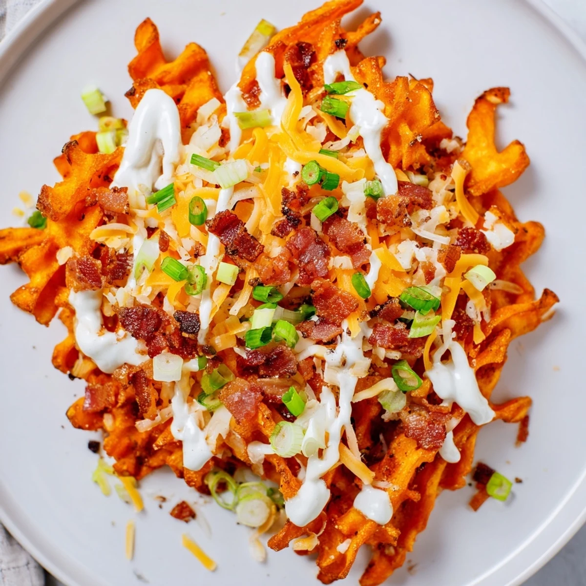 Melted cheddar blankets golden Loaded Sweet Potato Fries, topped with bacon and a drizzle of ranch.
