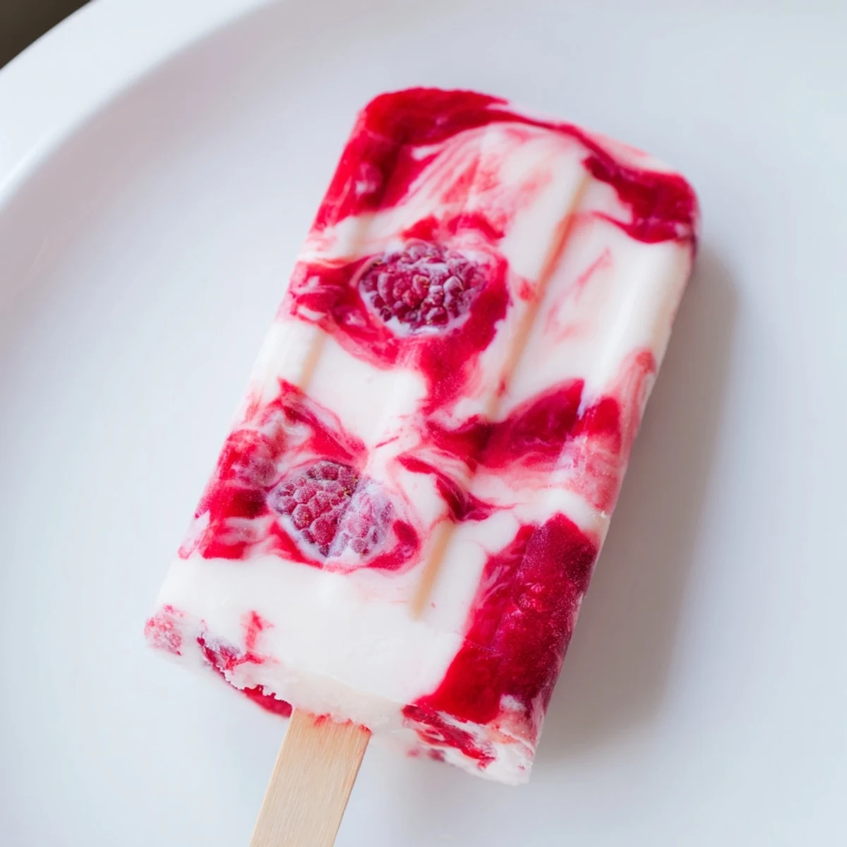 Frozen Raspberry Coconut Ice Pops layered with coconut milk, a refreshing vegan treat on a hot day.