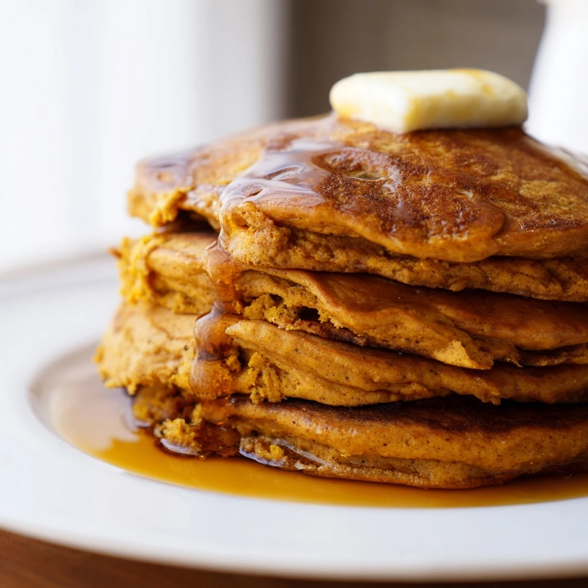 Fluffy Pumpkin Spice Pancakes stacked high, drizzled with maple syrup—a delectable breakfast treat.
