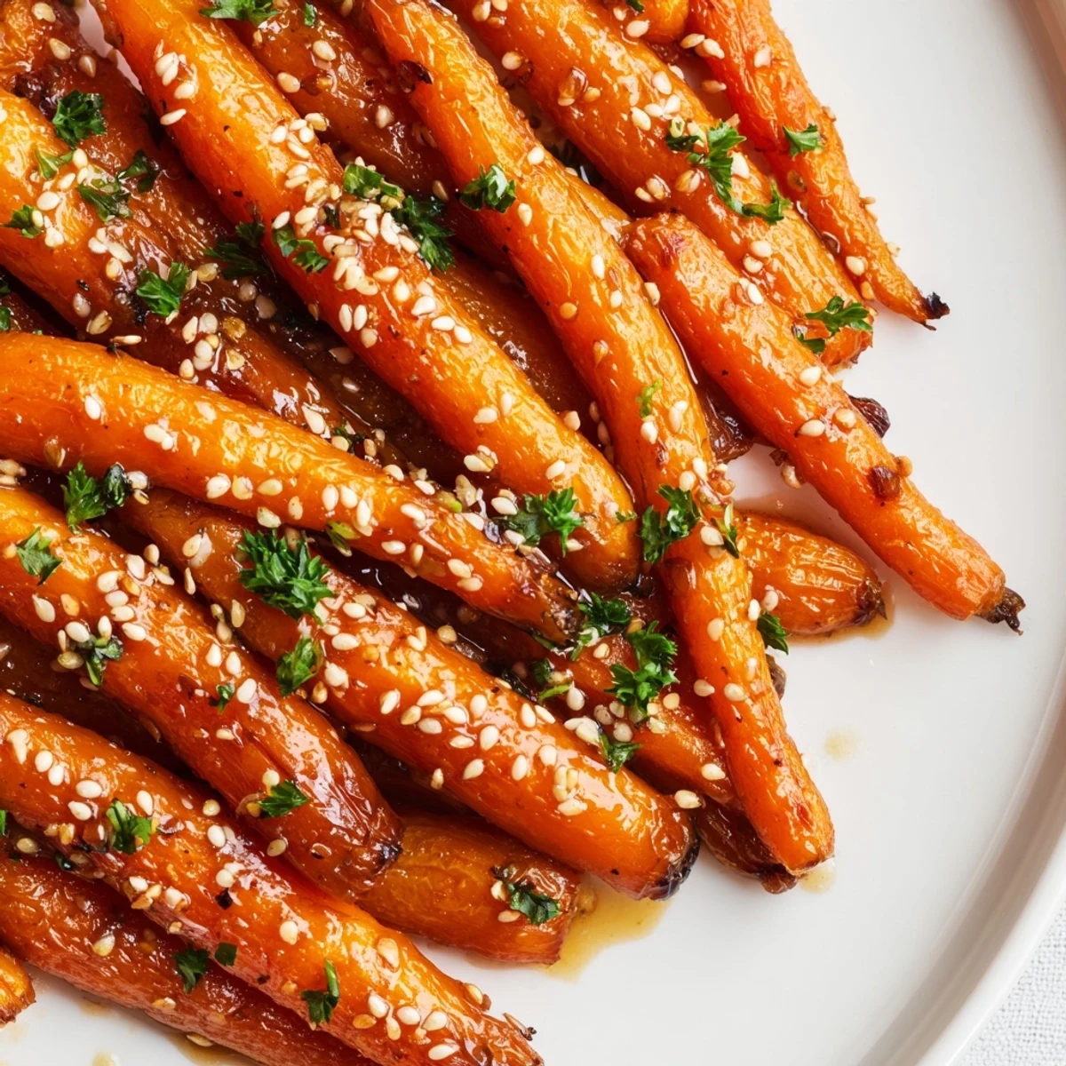 Honey Soy Roasted Carrots glistening with a sticky glaze, ready to serve as a colorful side dish.