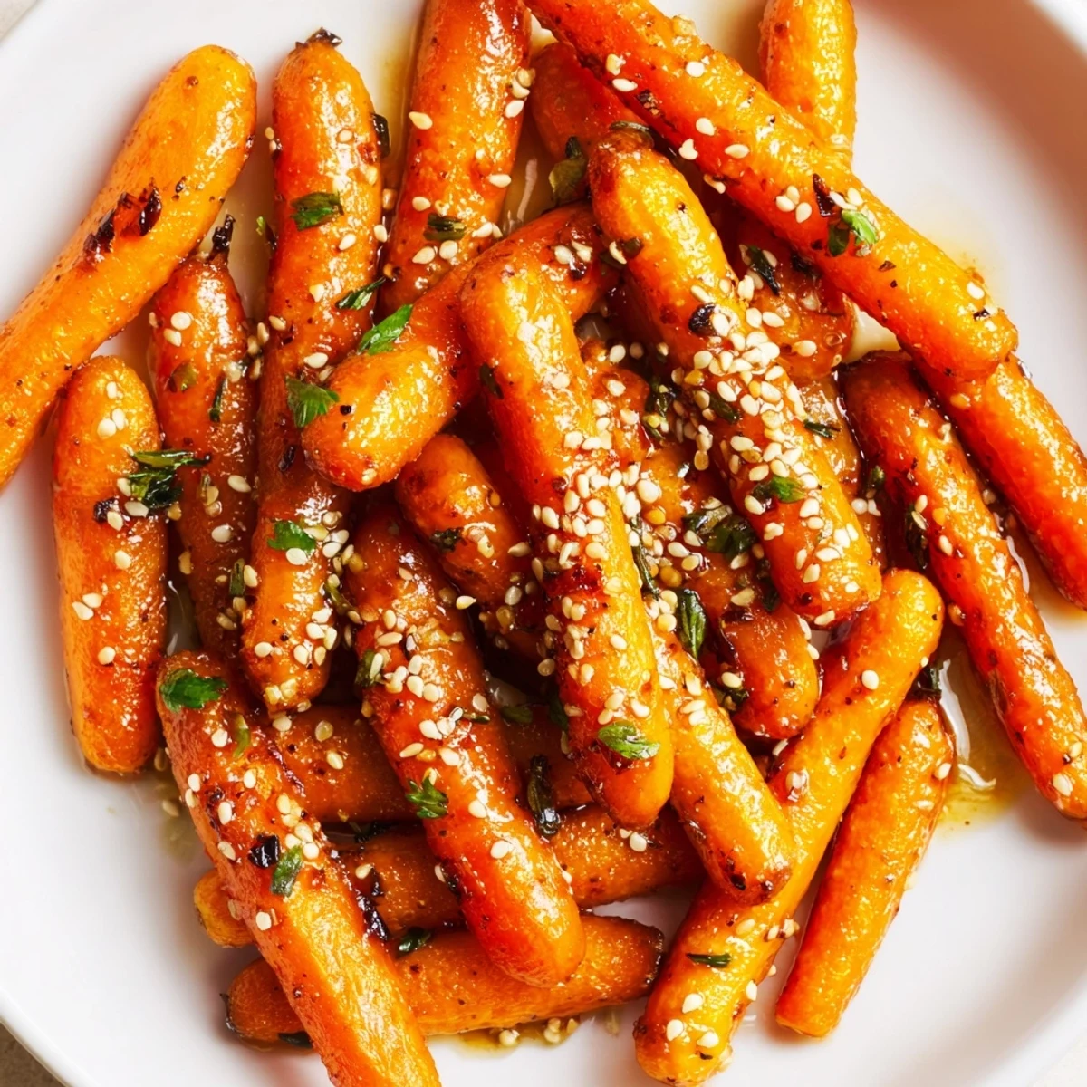 Vibrant image of Honey Soy Roasted Carrots, perfectly caramelized and sprinkled with sesame seeds.
