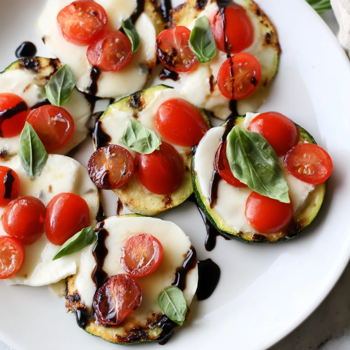 Zucchini Caprese Bites: Baked zucchini rounds with mozzarella, tomatoes, and balsamic glaze—Italian appetizer.