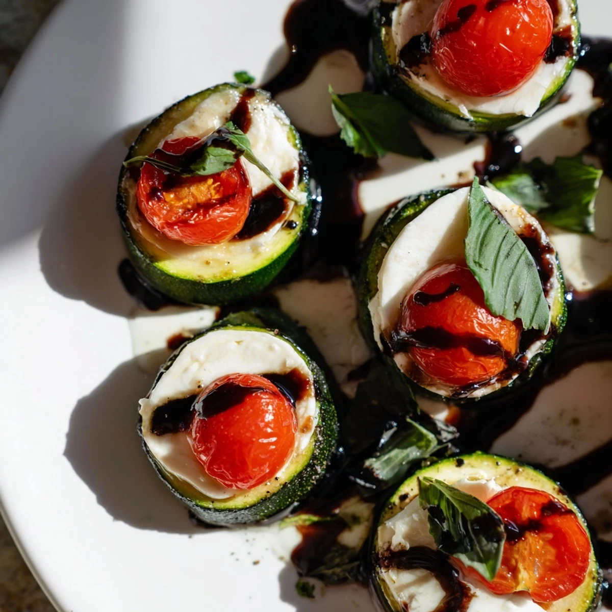 Close-up of baked Zucchini Caprese Bites: small mozzarella, fresh basil, and balsamic drizzle for enjoyment.