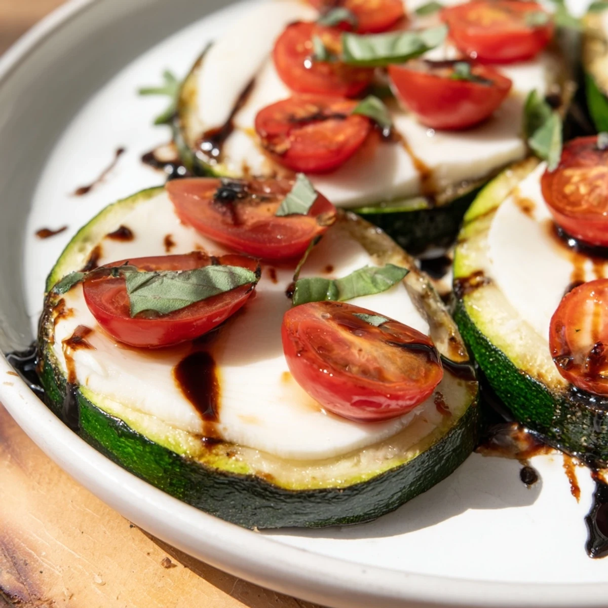 Fresh, vibrant Zucchini Caprese Bites: a healthy appetizer with basil & cherry tomatoes, ready to eat.