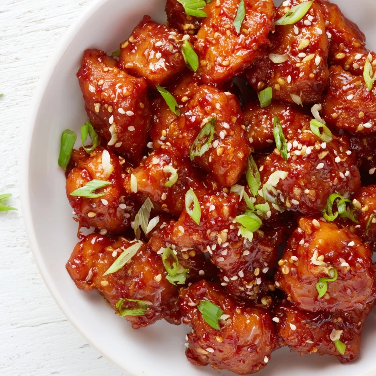 Golden, tender Sweet and Spicy Sriracha Honey Chicken, served with fresh green onions and sesame seeds.