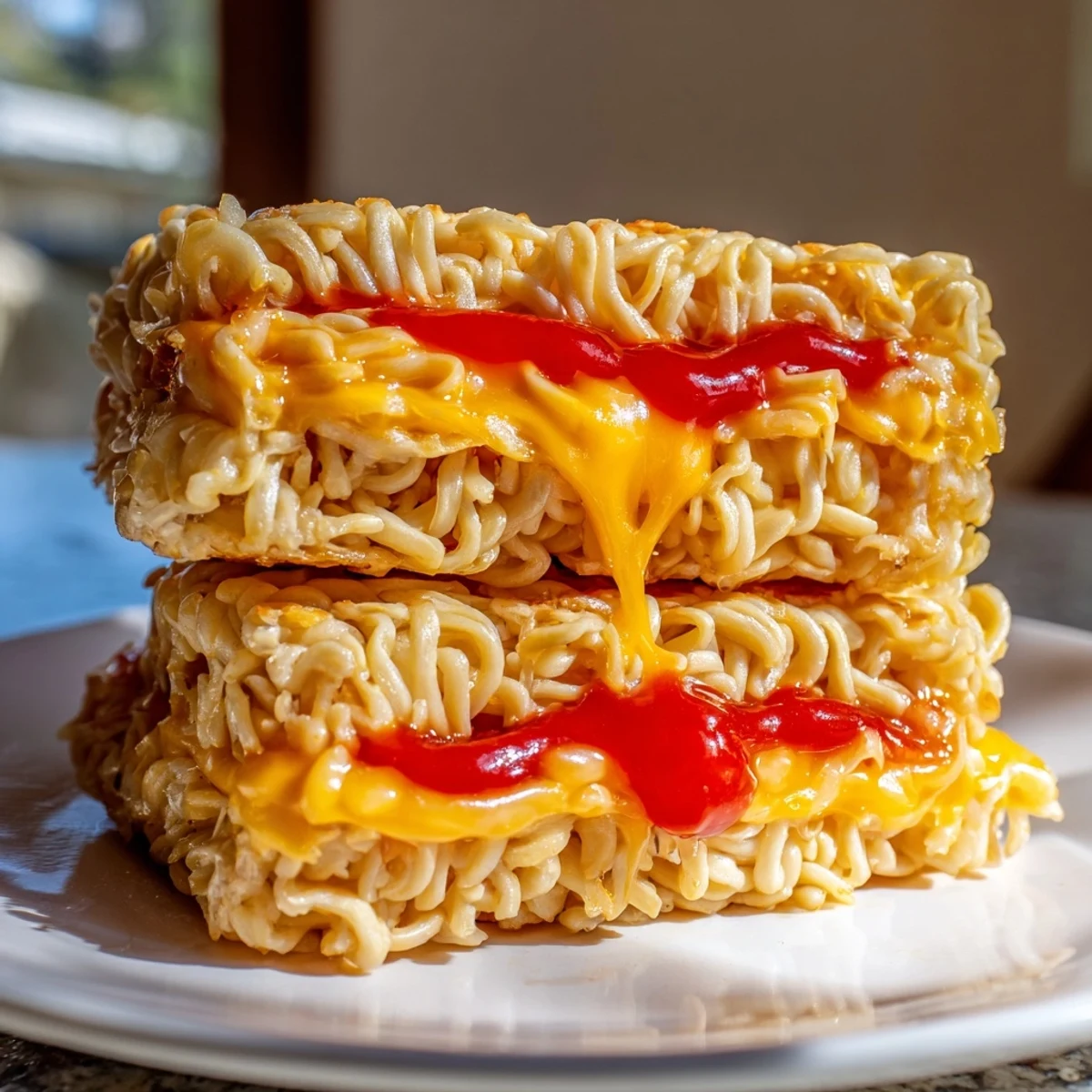Dieser Instant Ramen Grilled Cheese Sandwich ist goldbraun, dampfend heiß und mit geschmolzenem Käse befüllt.