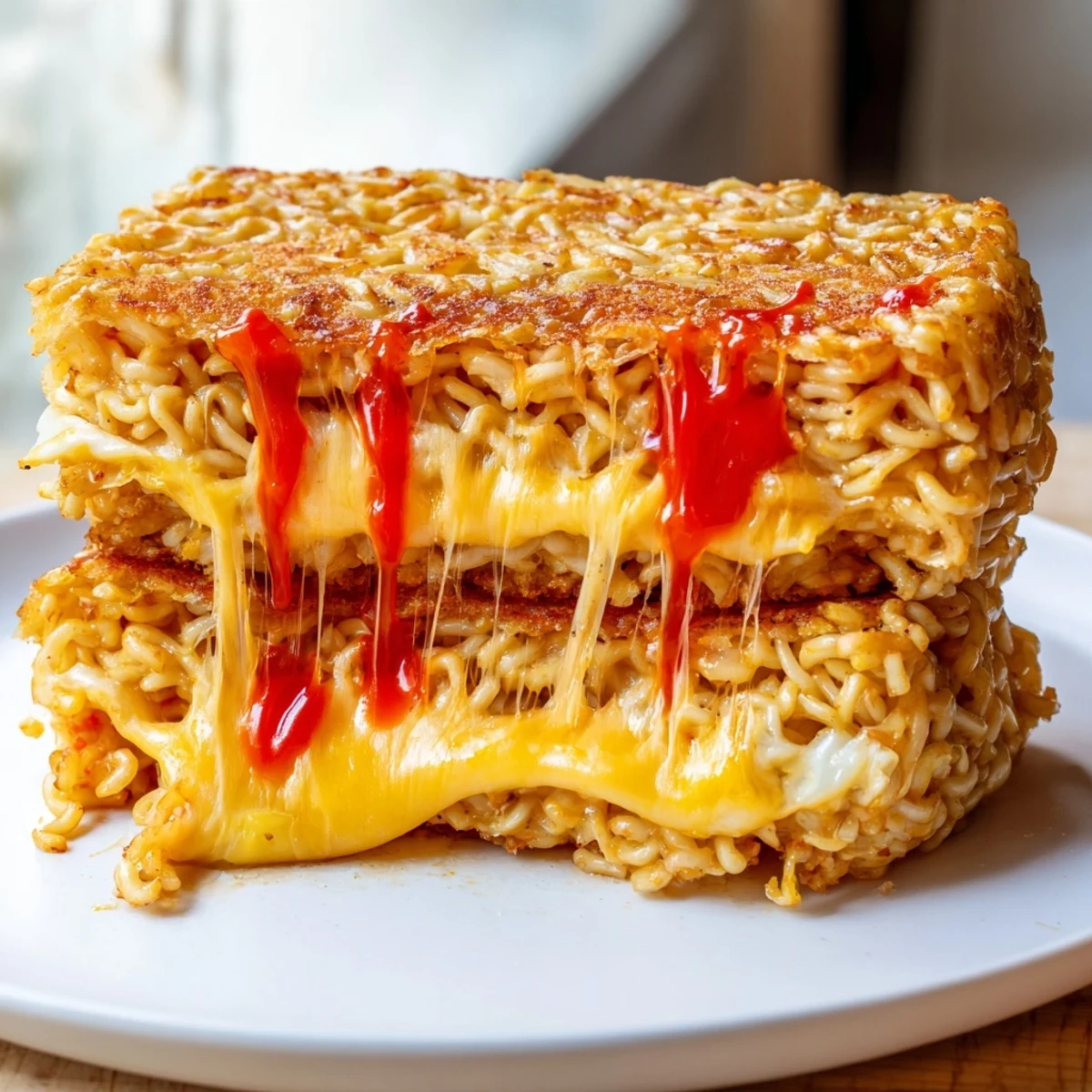Knuspriges Instant Ramen Grilled Cheese Sandwich, gefüllt mit geschmolzenem Käse und einem Hauch von Würze.