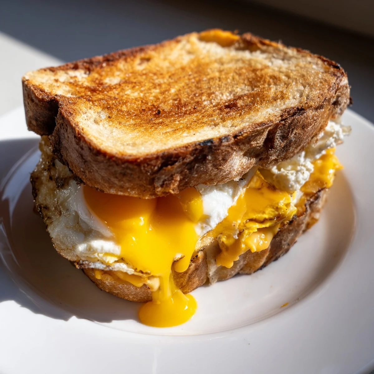 Melted cheese and golden feta fried eggs filling a perfectly grilled feta fried eggs grilled cheese.