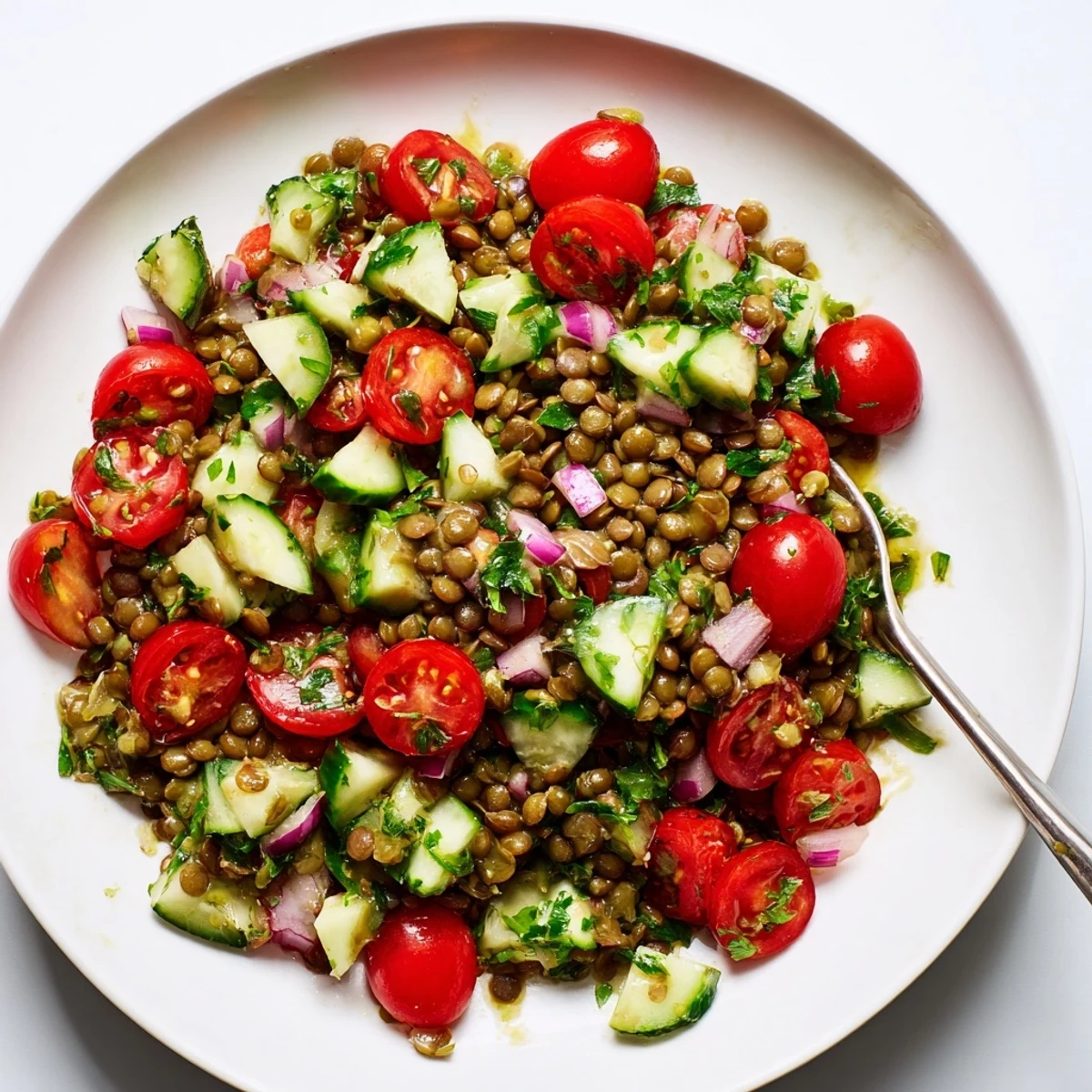 A close-up of a colorful lentil salad, ready to enjoy with a tangy, flavorful vinaigrette.