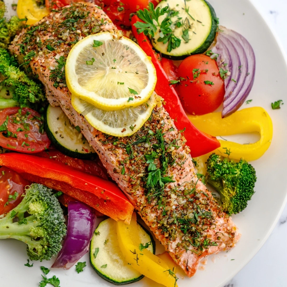 Here are the three ALT texts for the Salmon Sheet Pan Bake recipe: