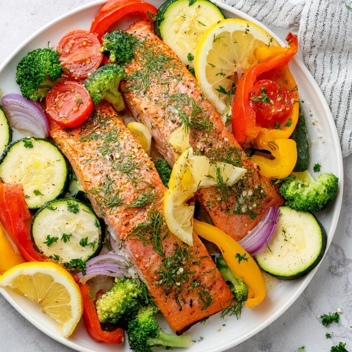 Vibrant Salmon Sheet Pan Bake, showcasing roasted salmon fillets and colorful vegetables ready to serve.