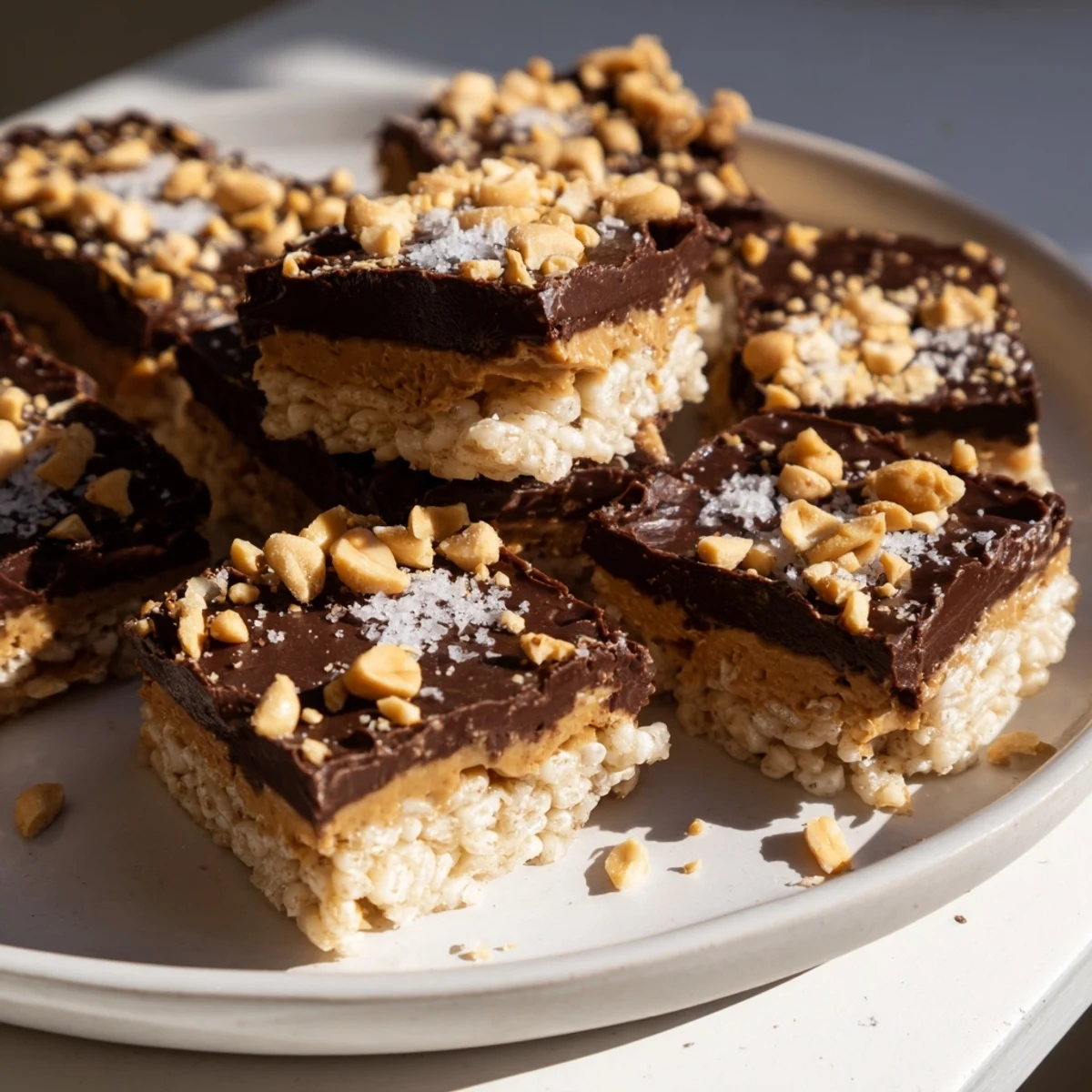 No-bake Peanut Butter Chocolate Rice Cakes feature a dark chocolate drizzle and chopped peanuts, the perfect snack!