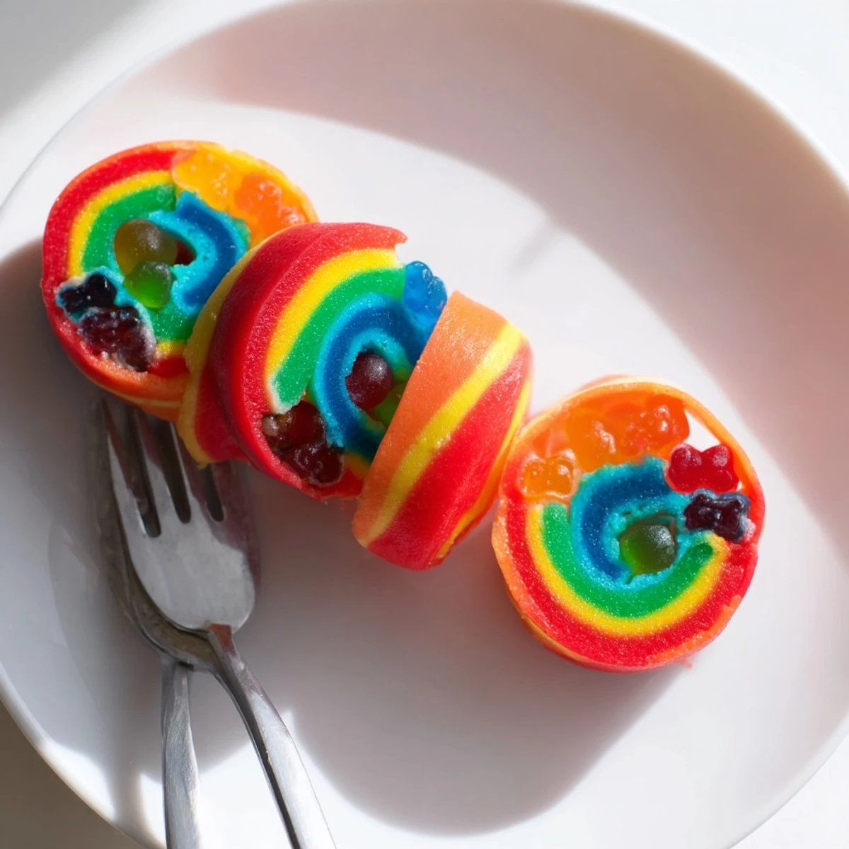 Bunte Rainbow Candy Roll Ups, voller Fruchtgummi, leuchten in lebendigen Farben als süßer Snack.