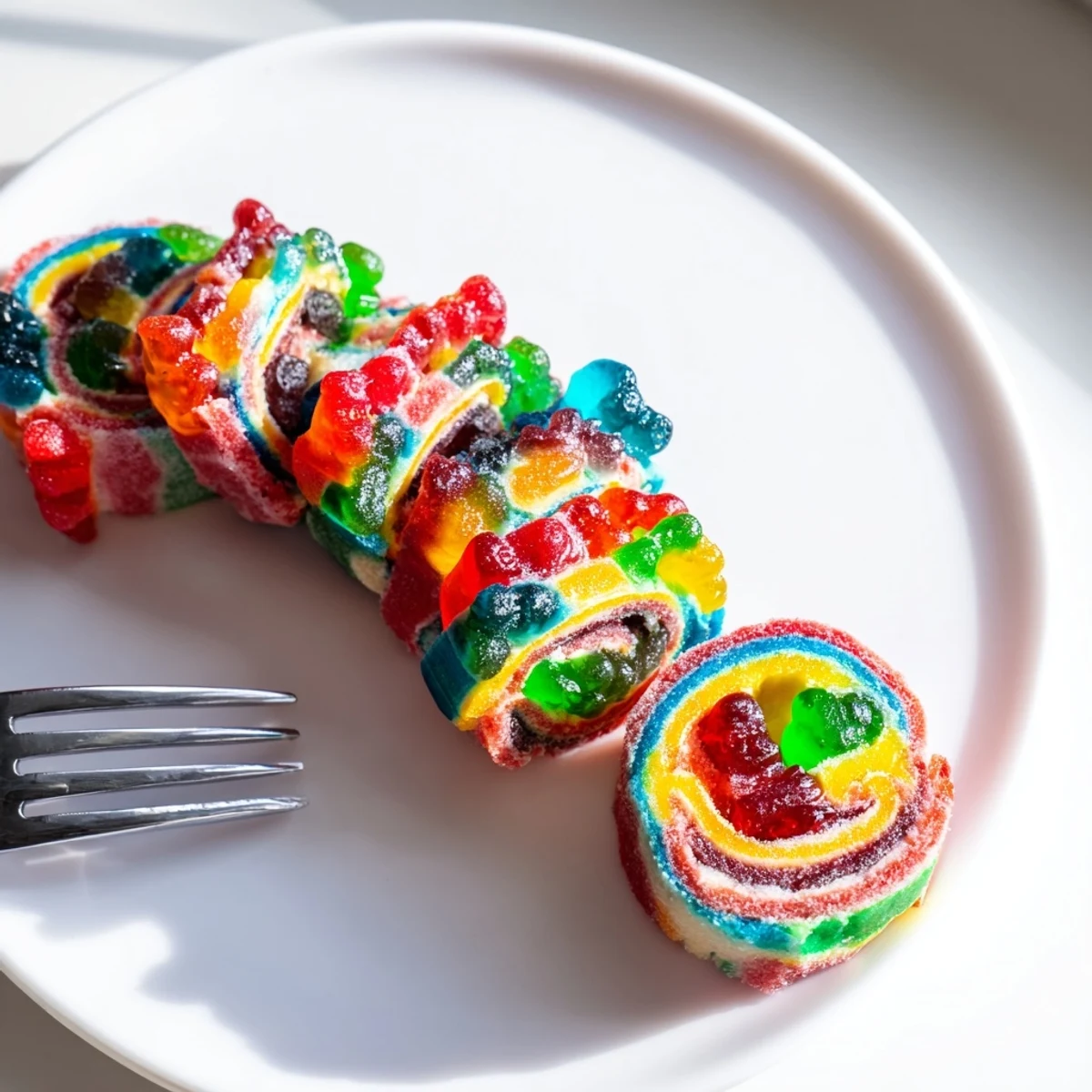 Ein Teller mit Candy Rainbow Roll Ups, die mit bunten Gummibärchen gefüllt und zum Servieren fertig sind.