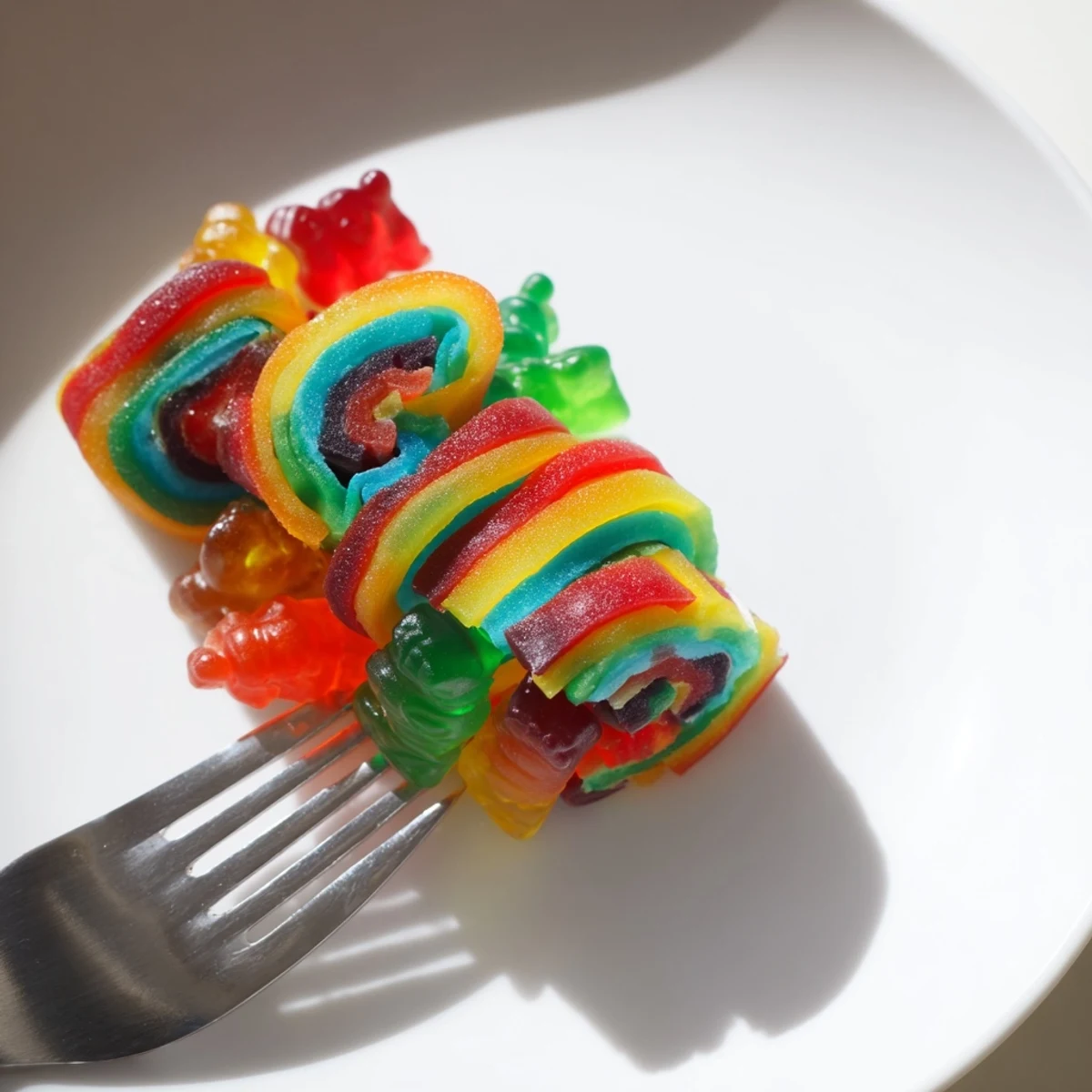 Nahaufnahme von Rainbow Candy Roll Ups, die mit bunten Fruchtgummi gefüllt und in perfekte Scheiben geschnitten sind.