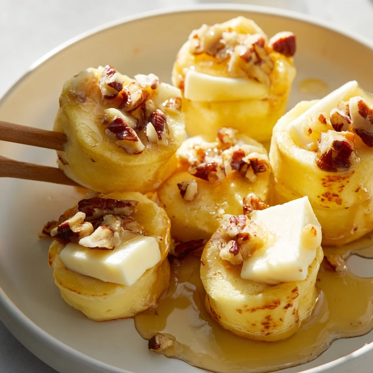 Golden-brown Pancake Brie Bites drizzled with honey, offering a delightful sweet and savory experience for brunch.