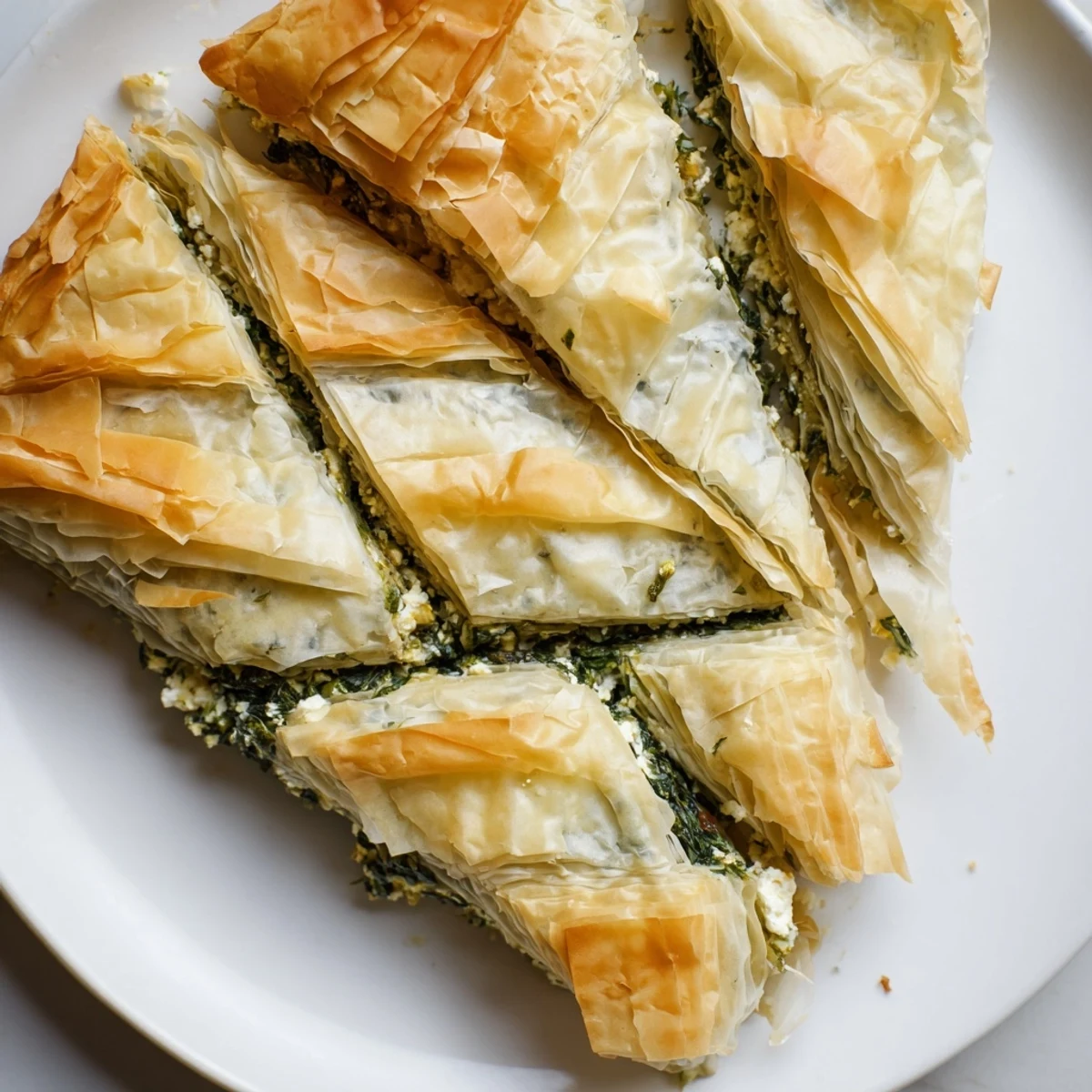 A golden-brown Greek spanakopita, showcasing its flaky phyllo pastry and savory spinach filling.