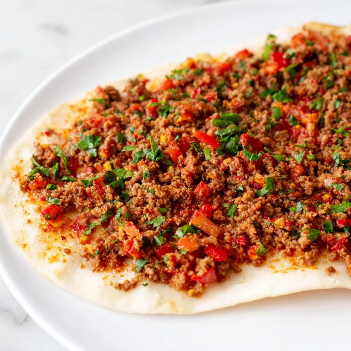Knusprige türkische Lahmacun flambiert im Ofen, belegt mit aromatischem Hackfleisch und Gemüse.