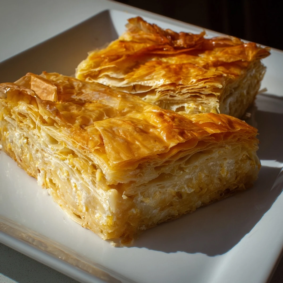 A golden Serbian Gibanica cheese pie features crispy phyllo layers, perfect for a snack.