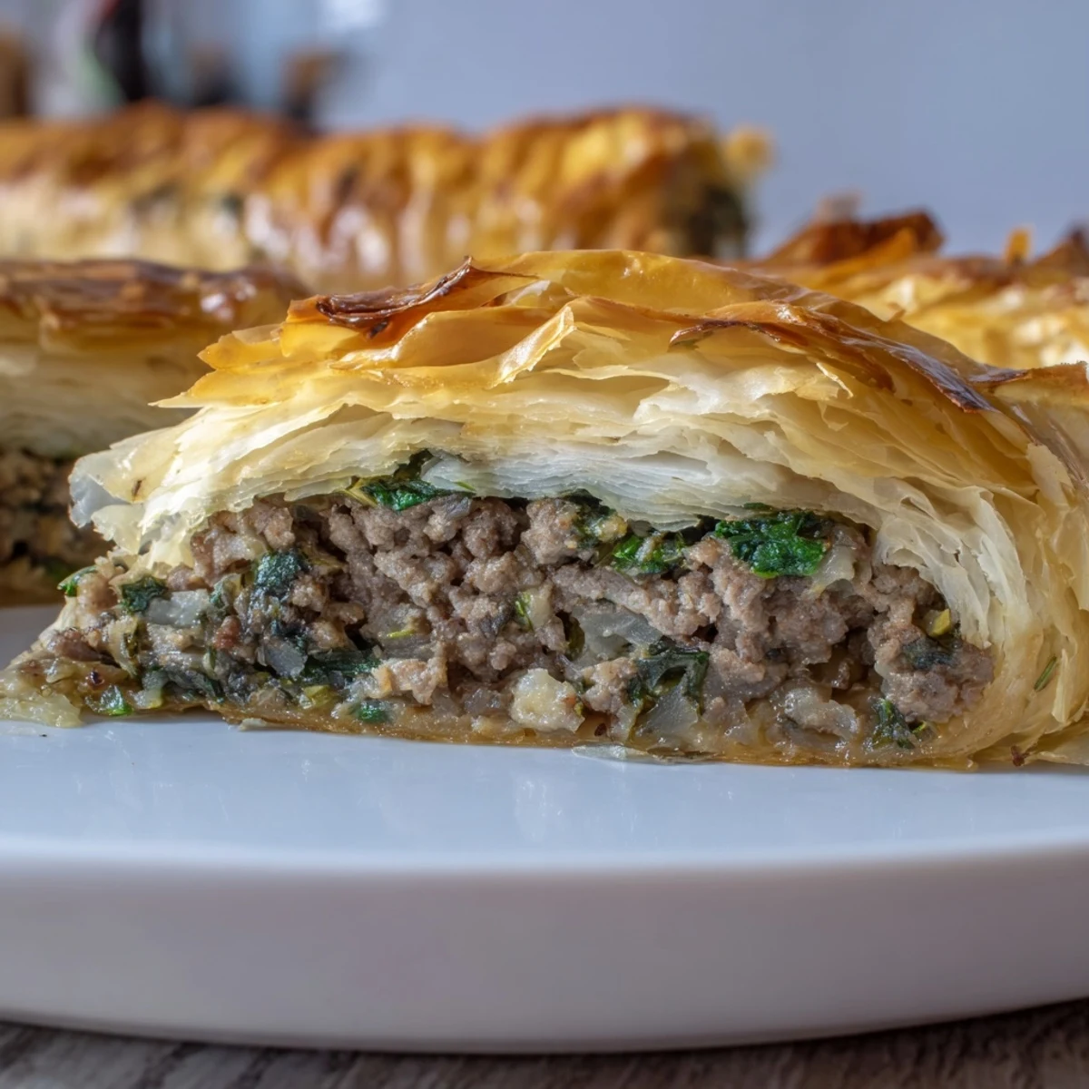 A close-up of a freshly baked Bosnian Burek, showcasing its crispy, golden layers.