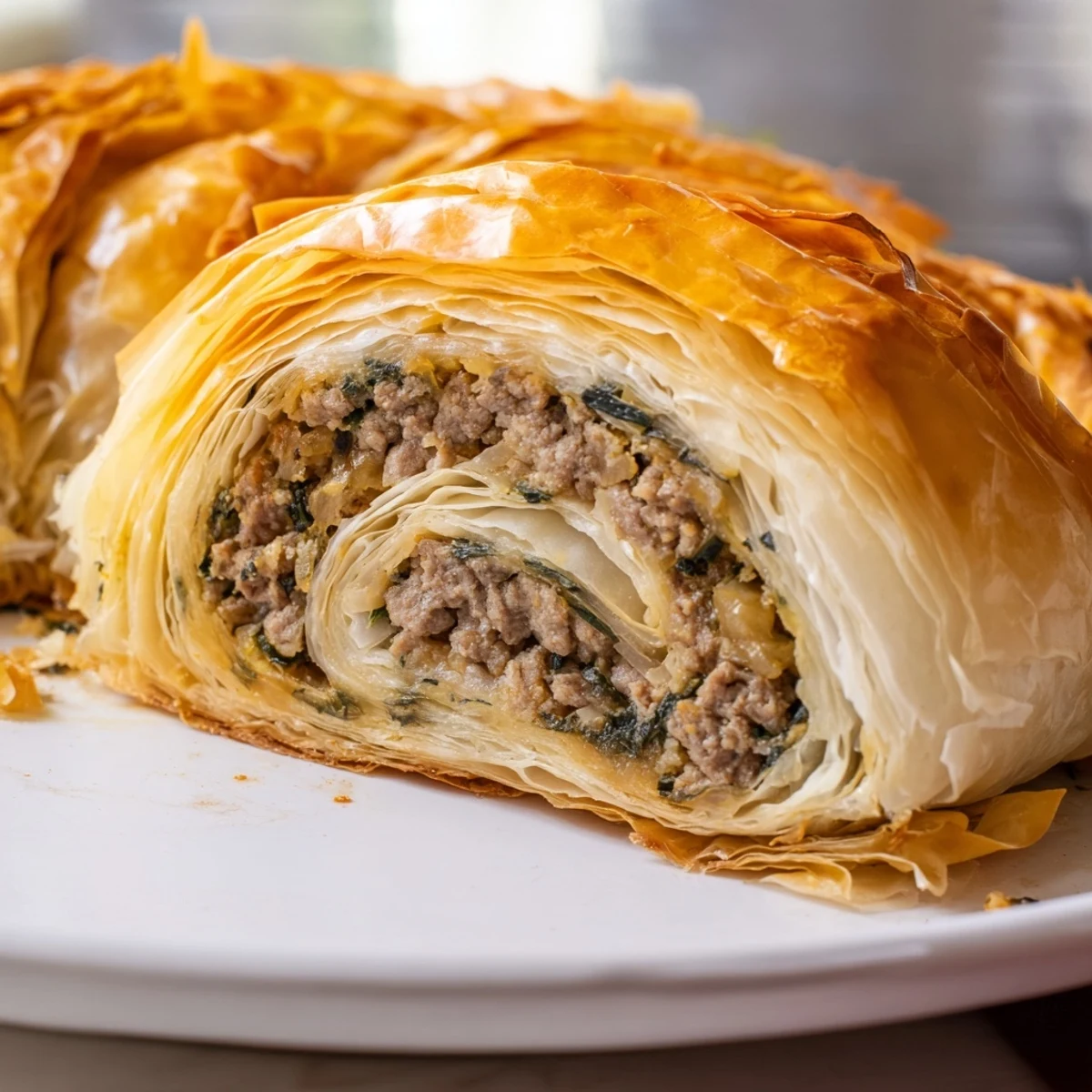 Golden, flaky Bosnian Burek pastry, filled with savory beef and spinach, ready to serve.
