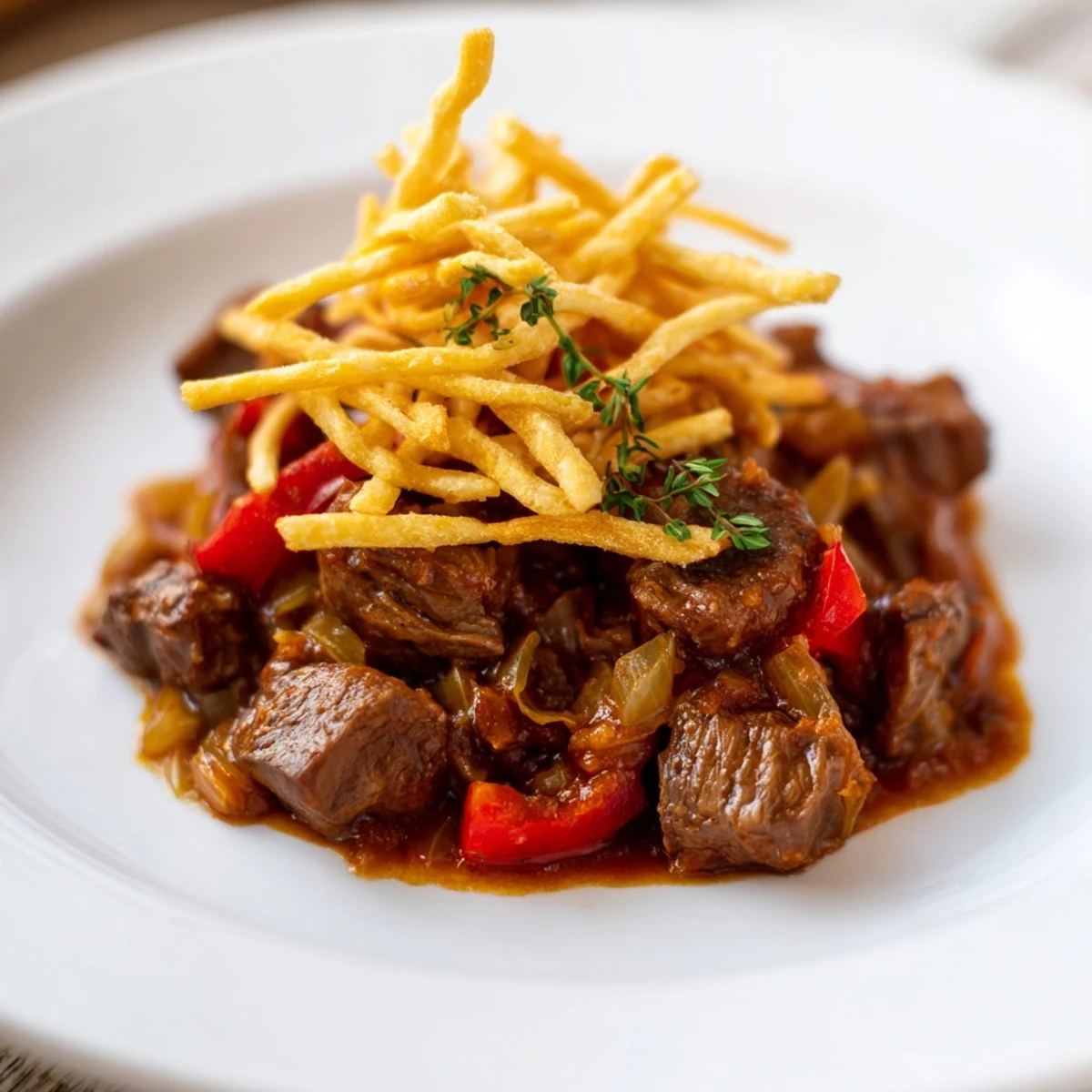 Close-up of Czech Goulash, showing thick, rich sauce with visible paprika spices, and crispy potato topping.