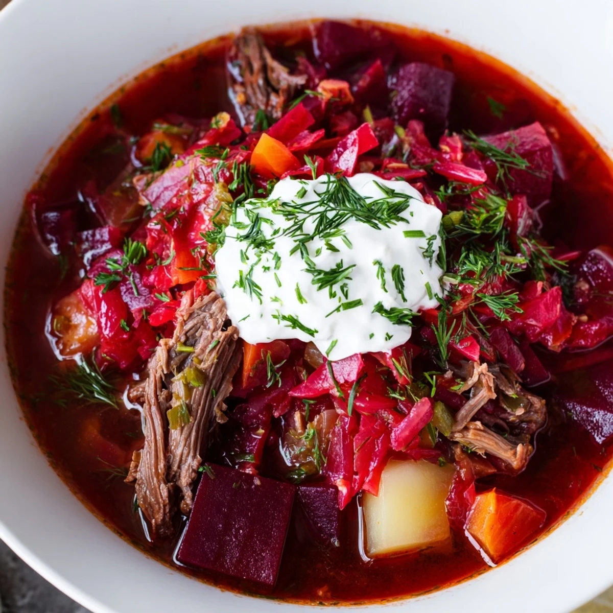 A steaming bowl of Ukrainian borscht soup, garnished with sour cream and fresh dill.