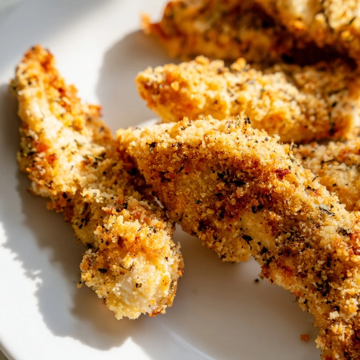 Saftige Crispy Panko Chicken Strips gerichtet mit Zitronenscheiben und Dip, leuchtend goldbraun gebacken für gesunden, hausgemachten Comfort-Food-Abend.