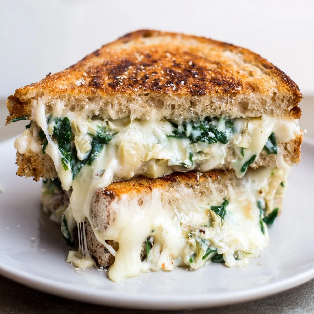 Goldene Spinat-Artischocken-Grilled Cheese Sandwiches auf Sauerteig, frisch gebraten und überbacken.