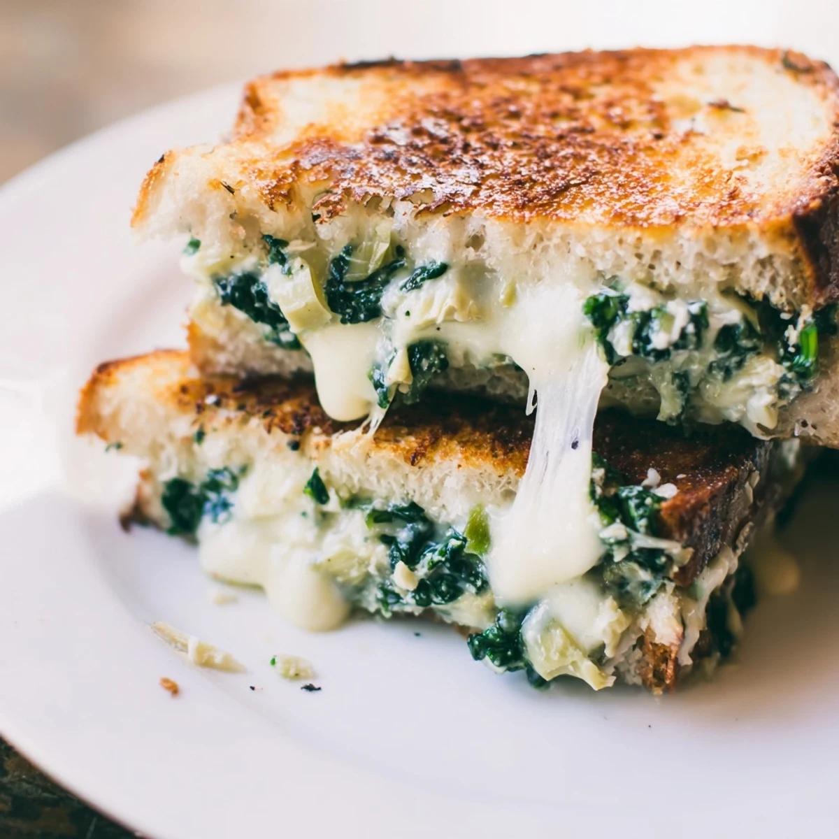 Geröstete Spinat-Artischocken-Grilled Cheese Sandwiches auf einer Holzplatte, perfekt für ein gemütliches Mittagessen.