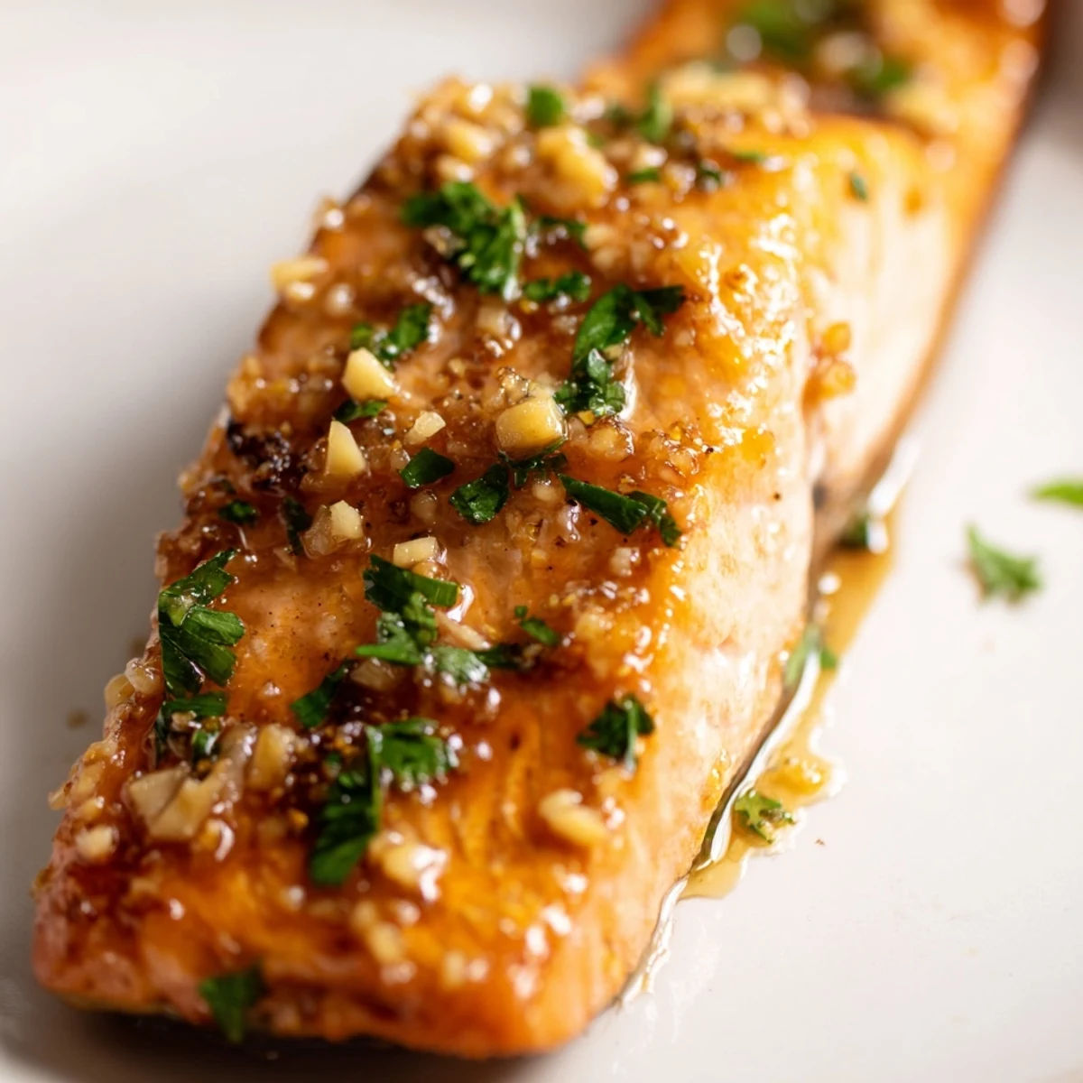 Honey Garlic Glazed Salmon fillets roasted to a caramelized finish, garnished with parsley and lemon wedges.  
