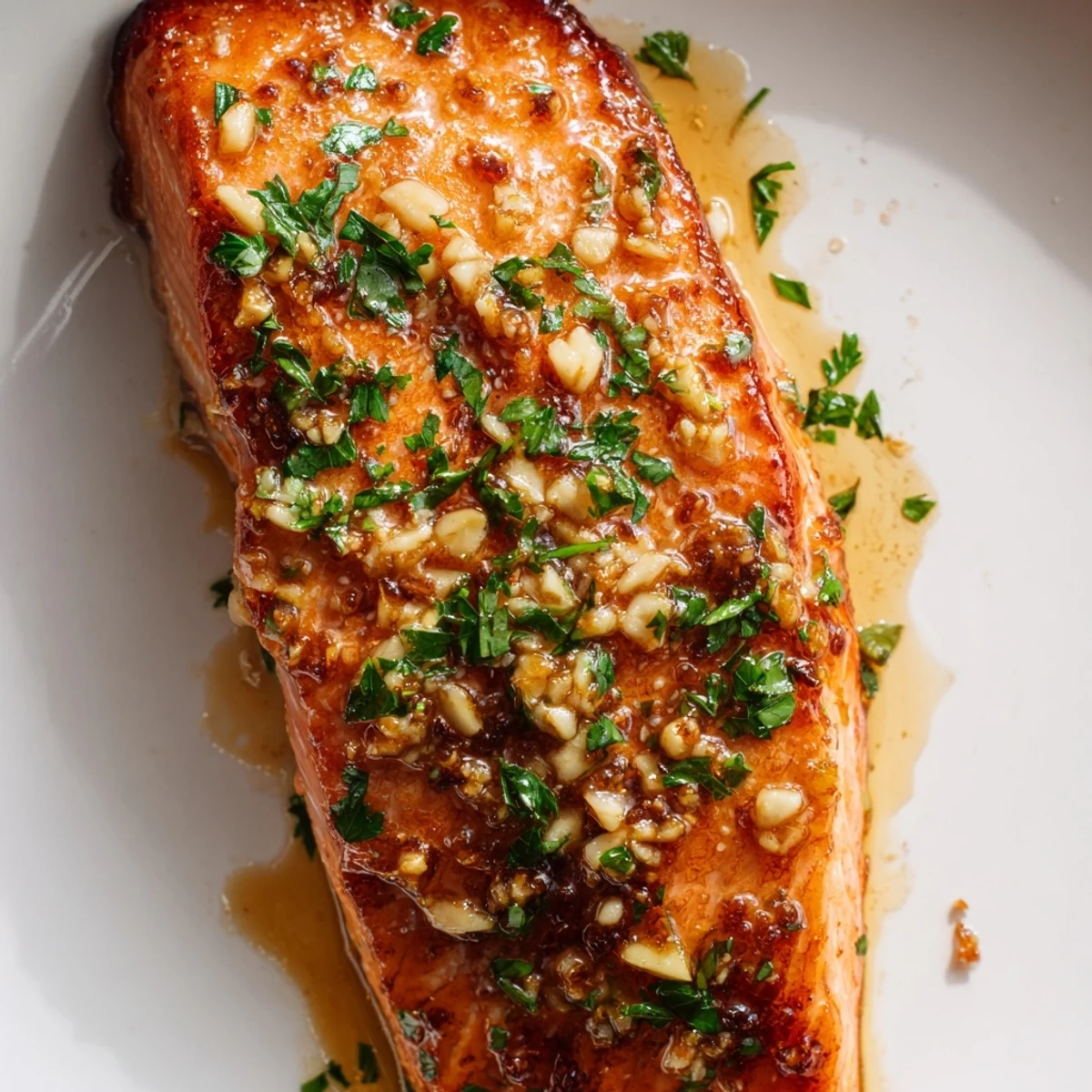 Succulent Honey Garlic Glazed Salmon resting on a baking tray, drizzled with pan juices and fresh herbs.
