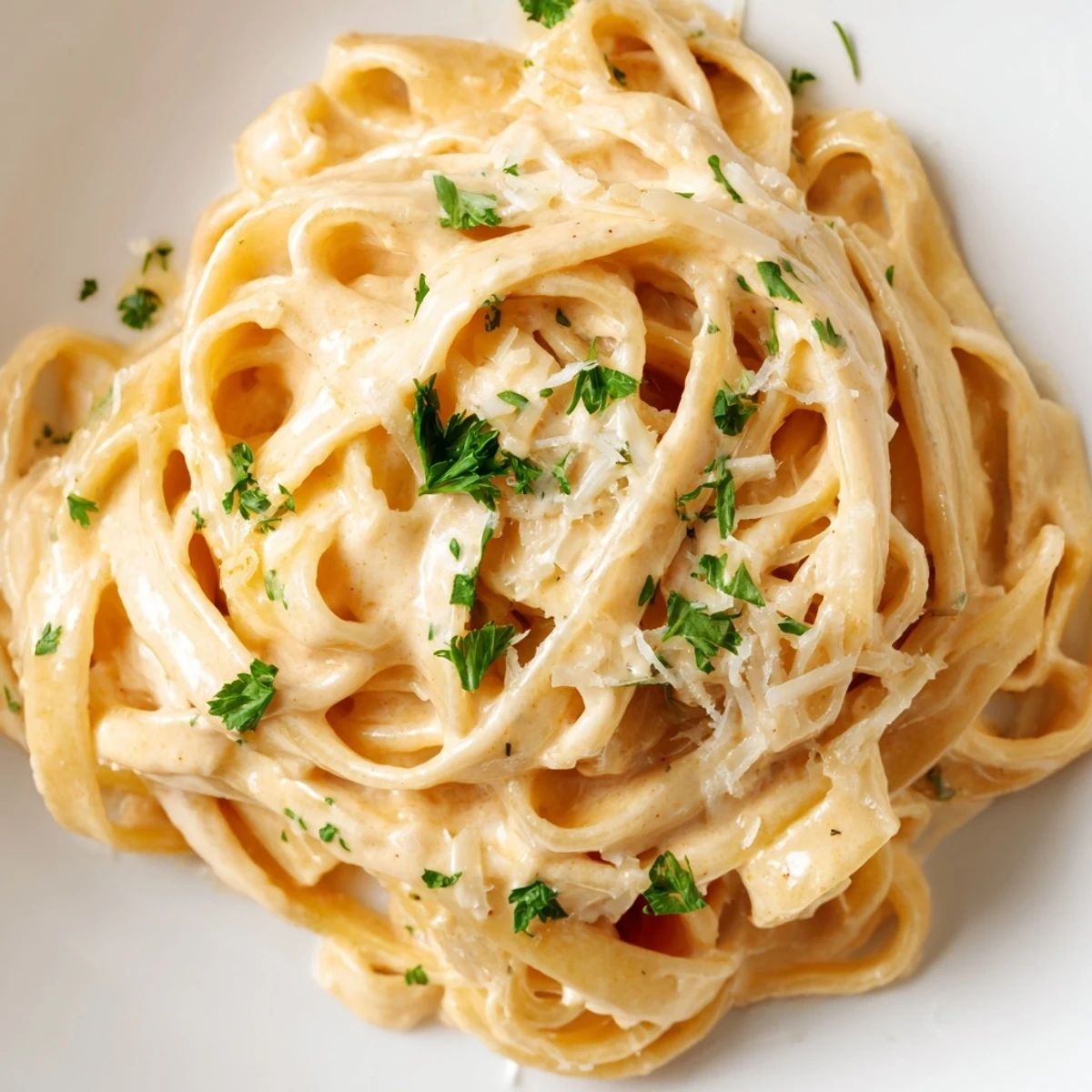 Spiralige Nudeln in einer cremigen Sriracha-Honig-Butter-Soße, garniert mit Petersilie und Parmesan, schimmern im Sonnenlicht.  