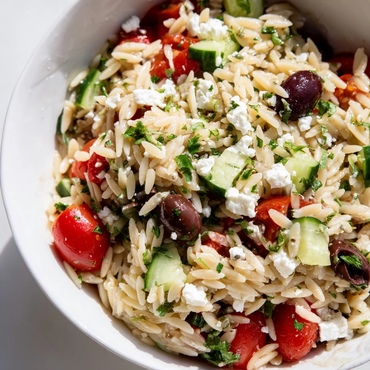 Frische Greek Orzo Salad mit knackigem Gurken, saftigen Tomaten und cremigem Feta auf blau-weißem Teller.