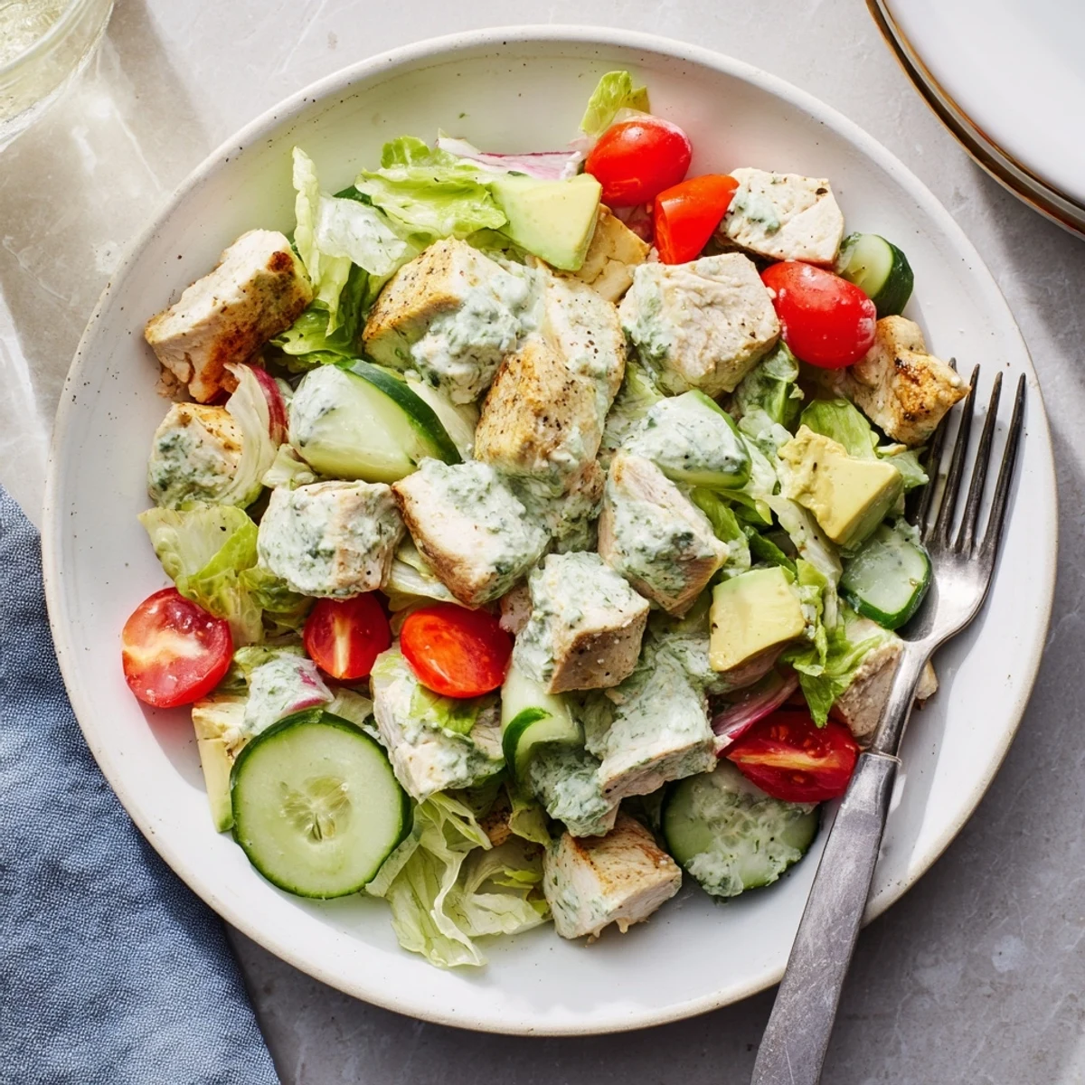 Tender chicken chunks in creamy Green Goddess dressing on crisp greens, garnished with cherry tomatoes and avocado slices.