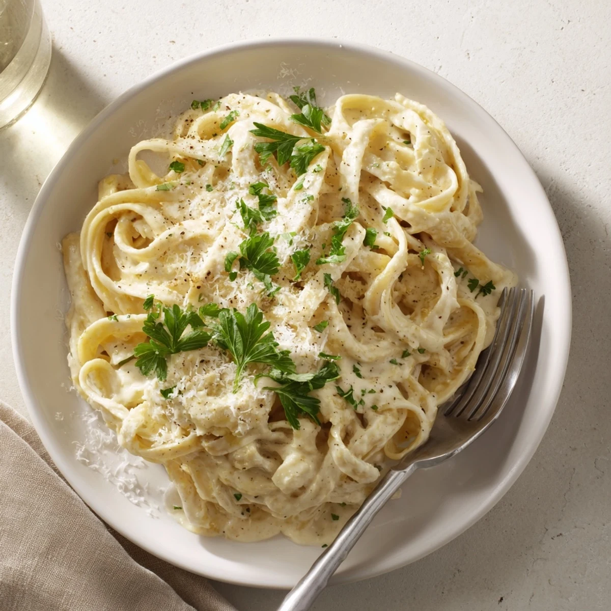 Roasted Cauliflower Alfredo steaming in a skillet, garnished with fresh parsley, served over fettuccine for a creamy Italian-inspired dinner.