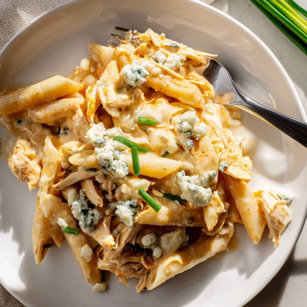 Buffalo Chicken Pasta served steaming in a bowl, garnished with blue cheese crumbles and fresh chives for a tangy finish.